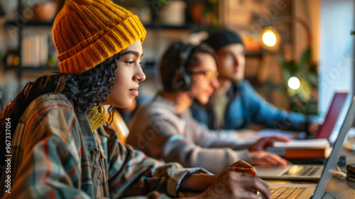 A group of young people sit together, focused on their laptops, while enjoying a relaxed atmosphere in a warm and inviting caf?.