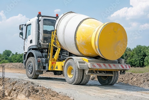 Cement mixer unloading fresh concrete onto a construction site, Cement delivery, active construction