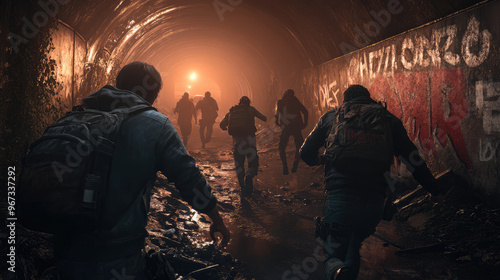 A group of survivors running through a tunnel, with zombies closing in from both sides. The tunnel is dimly lit, with graffiti on the walls and debris scattered across the ground.