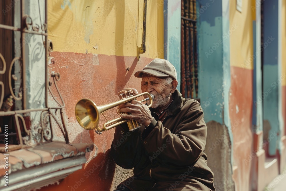 Obraz premium An elderly man plays the trumpet, seated against a vibrant, painted wall in a nostalgic street, depicting the art and soul of old neighborhoods.