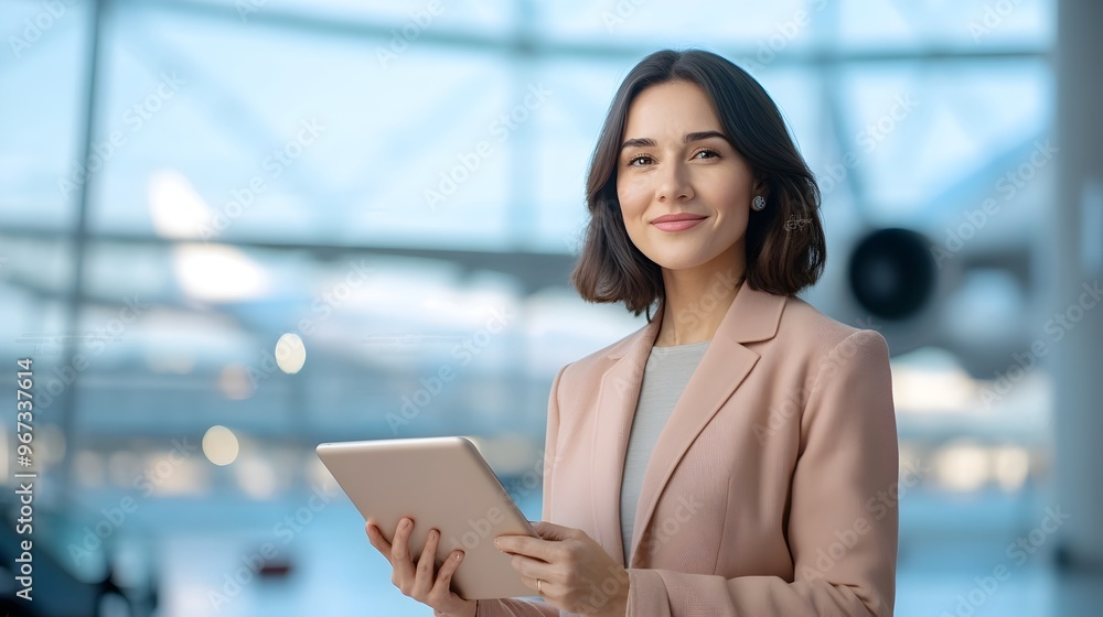 Confident and stylish businesswoman using a digital tablet while waiting at an airport terminal,with planes visible in the background. Portraying themes of travel,productivity,and modern business. Confident and stylish businesswoman using a digital tablet while waiting at an airport terminal,with planes visible in the background. Portraying themes of travel,productivity,and modern business.