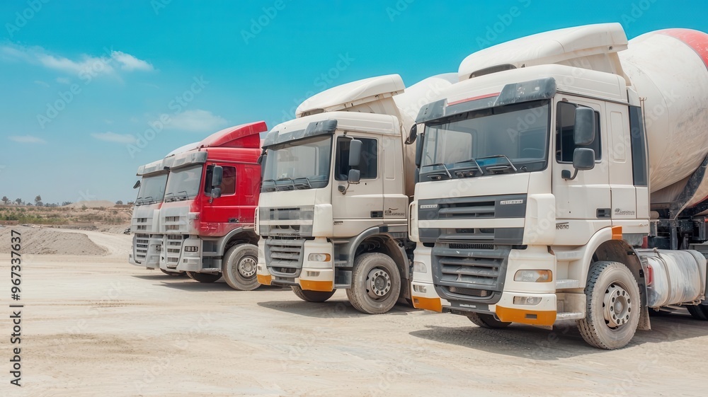 Obraz premium Cement trucks lined up outside a factory ready for distribution, Cement logistics, transportation