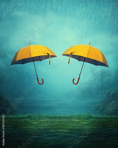 Rainy weather, wind blowing umbrellas,  Rich jewel tones, Humorous, Timeless Adventure
