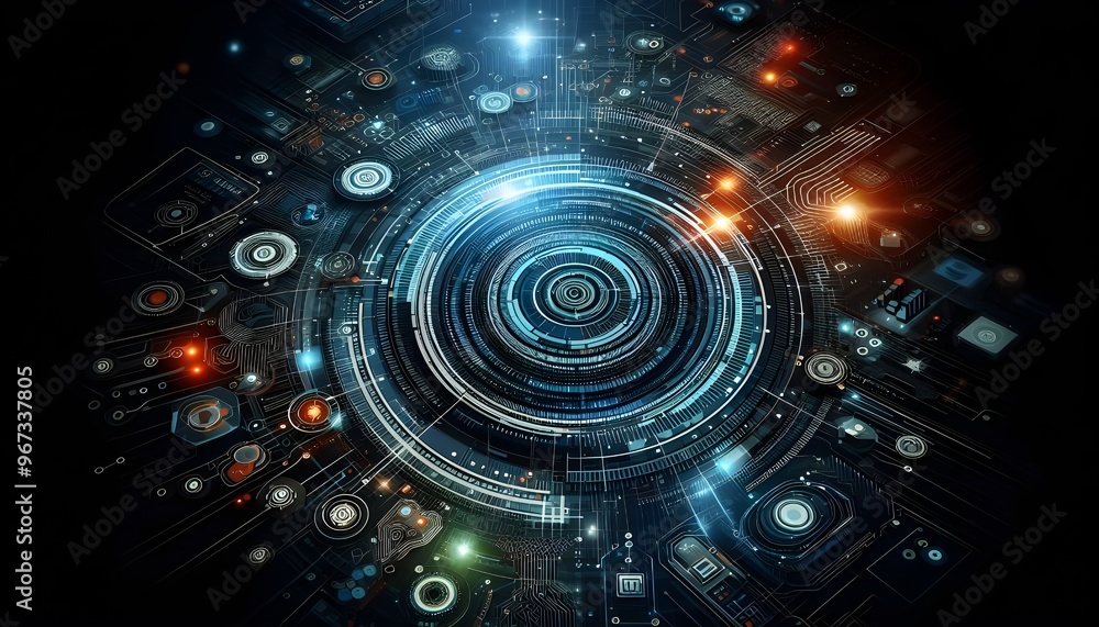 Obraz premium Creative digital tech circle on dark backdrop. Big data and technology concept. 3D Rendering