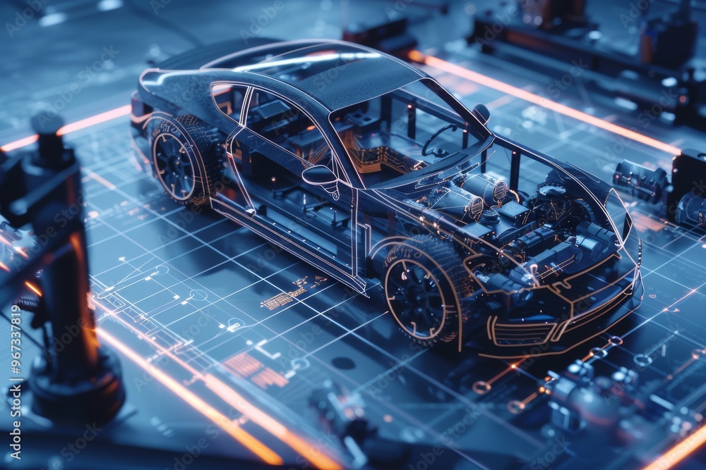 A digital rendering of a high-tech car on a futuristic blueprint-style layout, showcasing the inner mechanics and advanced technology of the vehicle. A digital rendering of a high-tech car on a futuristic blueprint-style layout, showcasing the inner mechanics and advanced technology of the vehicle.