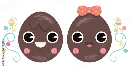 Illustration d’œufs de Pâques en chocolat avec un visage souriant, vecteur joyeux et coloré pour les fêtes et la recherche des sucreries dans le jardin par les enfants