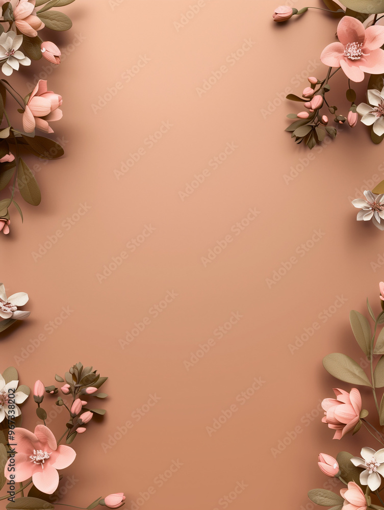A flowery border is drawn around a white background. The flowers are pink and white, and they are arranged in a way that creates a sense of movement and flow. Scene is one of beauty and elegance A flowery border is drawn around a white background. The flowers are pink and white, and they are arranged in a way that creates a sense of movement and flow. Scene is one of beauty and elegance