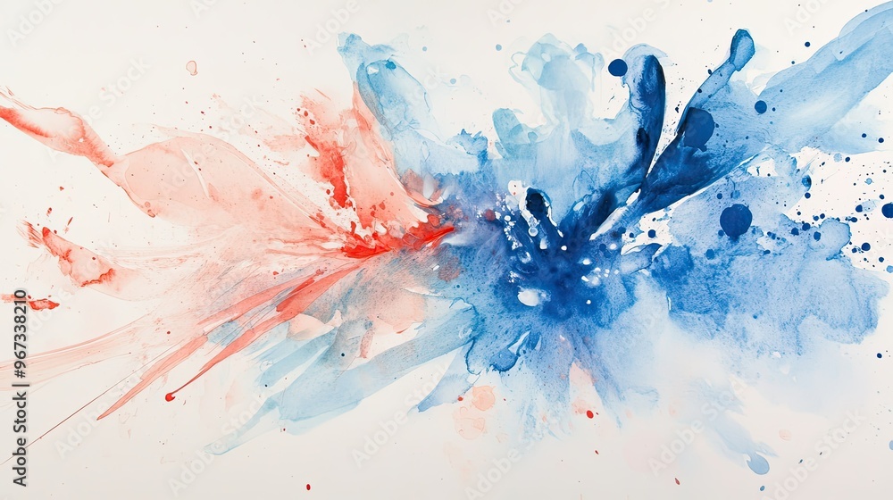 Fototapeta premium watercolor painting featuring bold blue brushstrokes intermingled with subtle splashes of red and peach on a white canvas