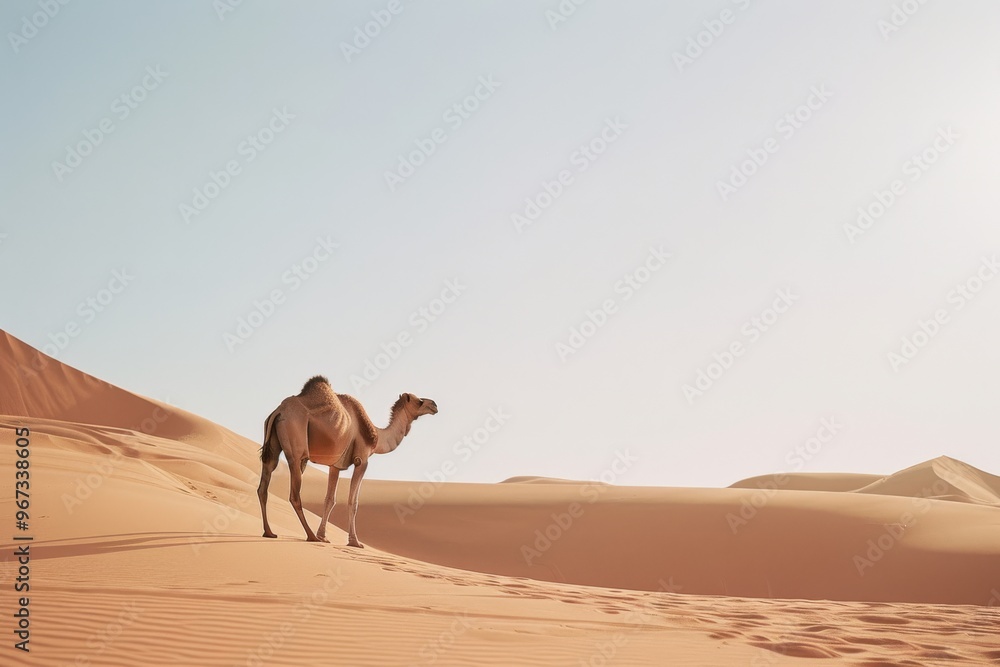 A solitary camel stands atop a sand dune under a bright blue sky, showcasing the serene isolation of the desert landscape. A solitary camel stands atop a sand dune under a bright blue sky, showcasing the serene isolation of the desert landscape.