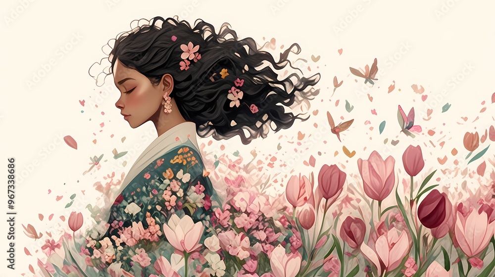 Fototapeta premium girl with flowing hair and blossoms, standing in a flower field