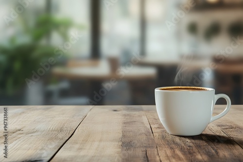 Close-up of a steaming hot cup of freshly brewed coffee resting on a rustic wooden table,with a blurred cafe ambiance in the soft background. The image has a cozy and inviting atmosphere.