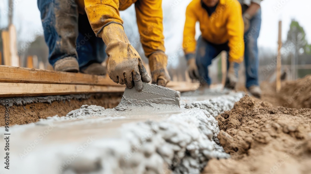 Construction workers laying cement for a bridge foundation, Cement infrastructure, large-scale construction Construction workers laying cement for a bridge foundation, Cement infrastructure, large-scale construction