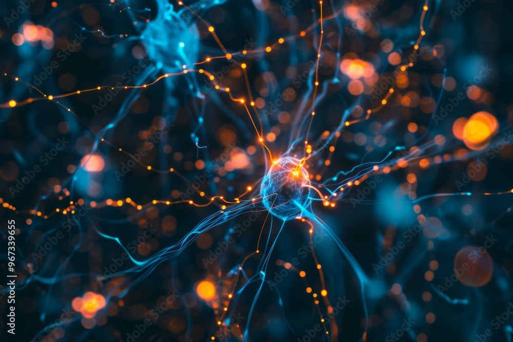 A luminous burst of electric blue and orange connecting nodes portraying a dynamic representation of a neural network, glowing against a dark background. A luminous burst of electric blue and orange connecting nodes portraying a dynamic representation of a neural network, glowing against a dark background.