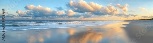 Breeze stirring light waves on a quiet beach, soft clouds drifting in the sky, the warmth of the sun mixing with the cool ocean air, a relaxing weather moment photo