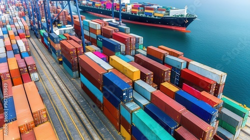 Containers being transferred from ships to waiting trucks at a busy dock, Logistics coordination, multimodal transport photo