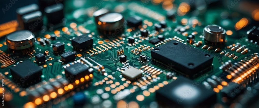 Close-up of an electronic circuit board with many small electronic components. Close-up of an electronic circuit board with many small electronic components.