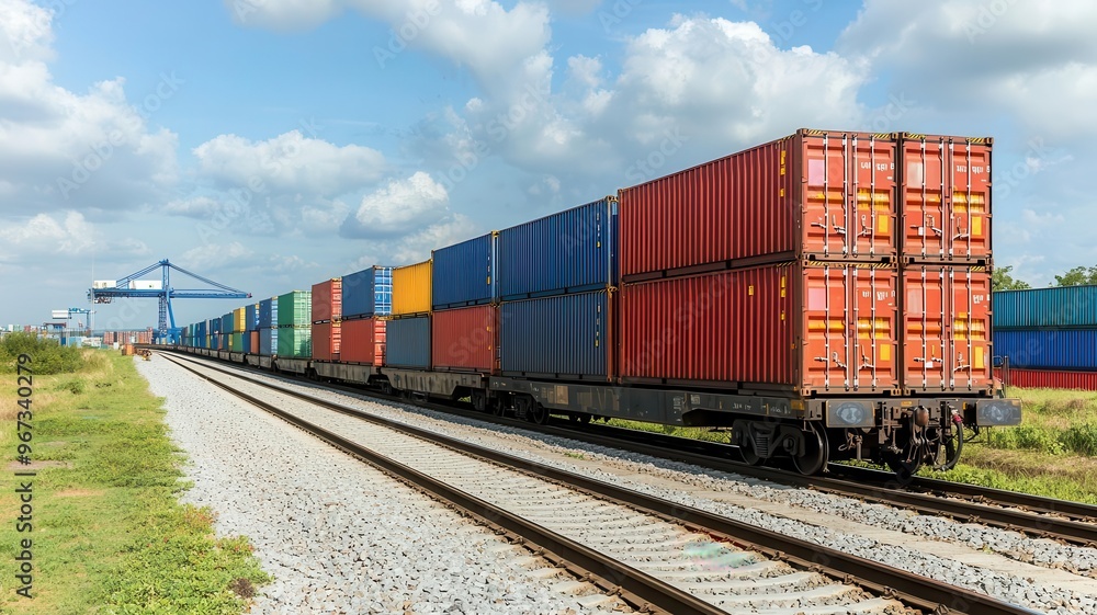 Containers stacked on a train heading to a shipping port, Multimodal logistics, rail and sea transport Containers stacked on a train heading to a shipping port, Multimodal logistics, rail and sea transport