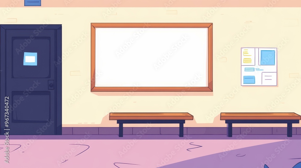 A cozy, modern school classroom featuring dark doors, benches, and textured walls with two lesson plans displayed. A cozy, modern school classroom featuring dark doors, benches, and textured walls with two lesson plans displayed.