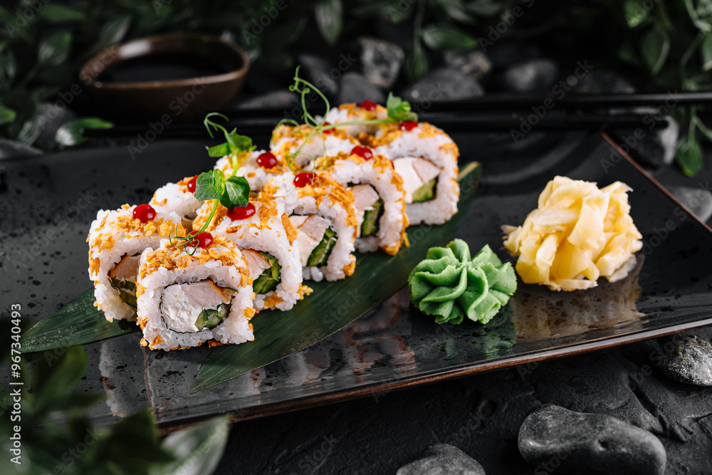 Crunchy tempura sushi rolls with chicken and cucumber lying on black plate Crunchy tempura sushi rolls with chicken and cucumber lying on black plate