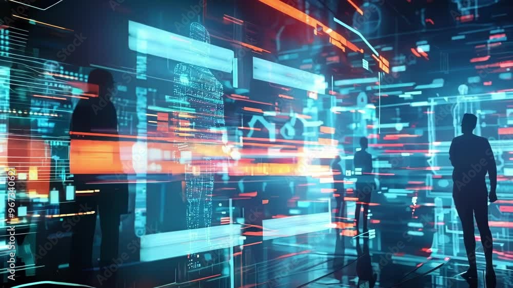 Business team analyzing a futuristic glowing blue and red hologram of a human body scan made of digital codes in a dark room Business team analyzing a futuristic glowing blue and red hologram of a human body scan made of digital codes in a dark room
