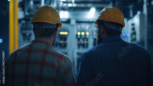 Two Construction Workers in Hardhat Examining a Project at Night