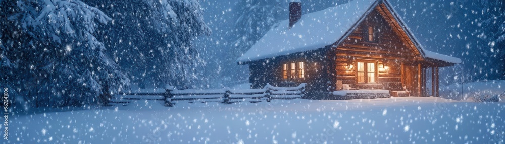 Heavy snow falling around a quaint wooden cabin, soft light inside creating a cozy atmosphere, deep winter calm despite the storm outside, weather contrast Heavy snow falling around a quaint wooden cabin, soft light inside creating a cozy atmosphere, deep winter calm despite the storm outside, weather contrast