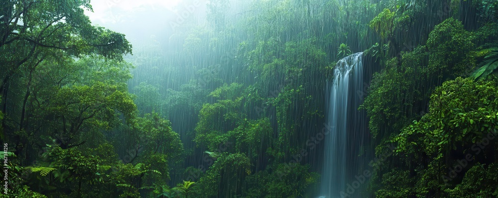 Lush jungle during a heavy rainstorm, water cascading from tall trees, the air filled with mist and the scent of rain, a deep connection to nature s vitality Lush jungle during a heavy rainstorm, water cascading from tall trees, the air filled with mist and the scent of rain, a deep connection to nature s vitality