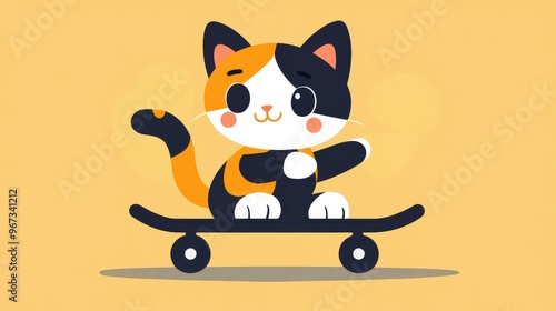 A playful calico kitten skates with style, showcasing vibrant colors and a fun, energetic vibe in a cheerful cartoon scene.