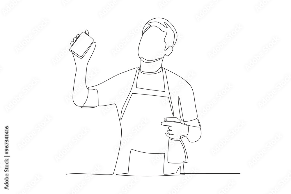 Man wiping house window. Doing house chores concept one-line drawing Man wiping house window. Doing house chores concept one-line drawing