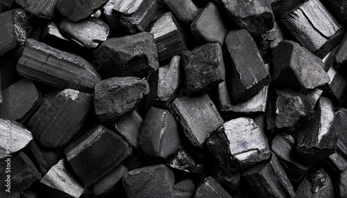 Close up background texture of many black lump charcoal pieces ready for barbecue grill, elevated top view, directly above photo