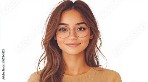 Portrait of young woman with glasses and long brown hair smiling warmly