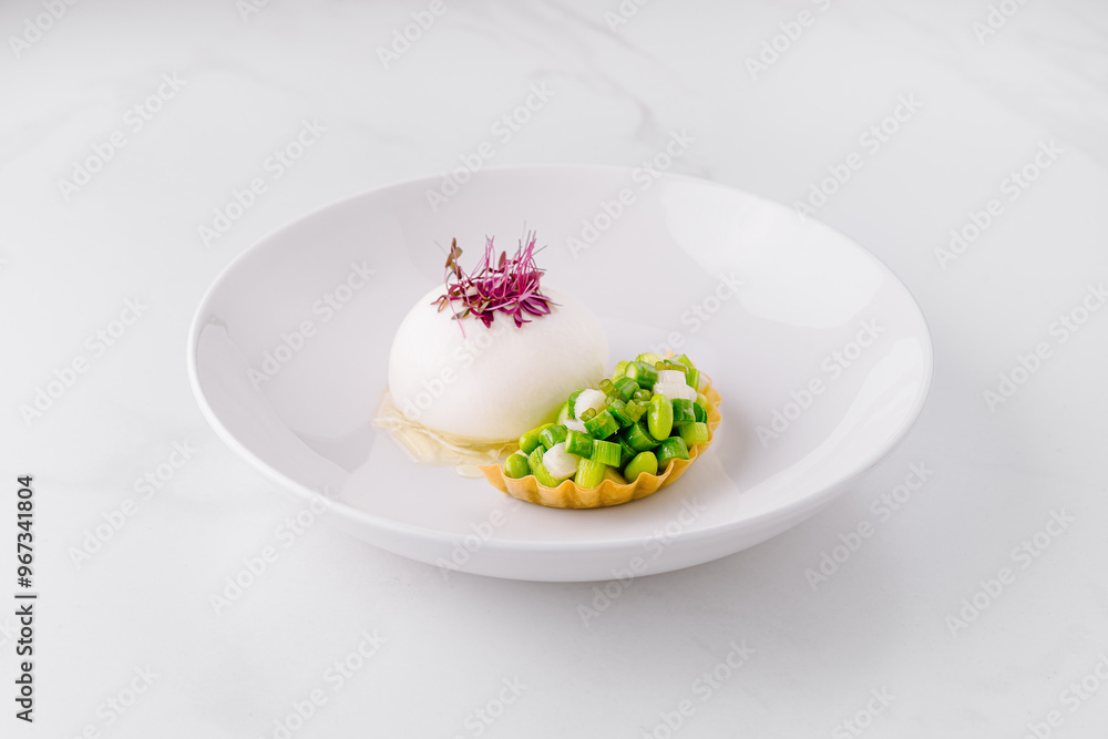 Gourmet appetizer with vegetables and creamy mousse on white plate Gourmet appetizer with vegetables and creamy mousse on white plate