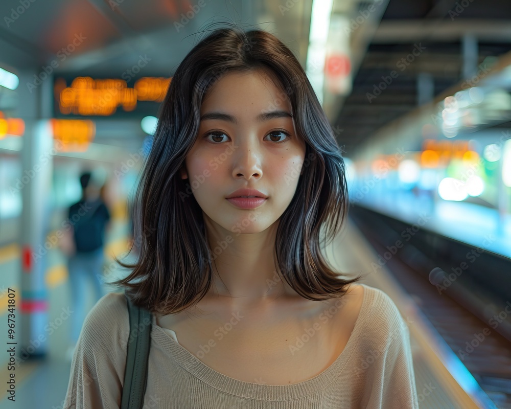 A young woman stands confidently at a train station, exuding a calm confidence amidst a bustling urban background. A young woman stands confidently at a train station, exuding a calm confidence amidst a bustling urban background.