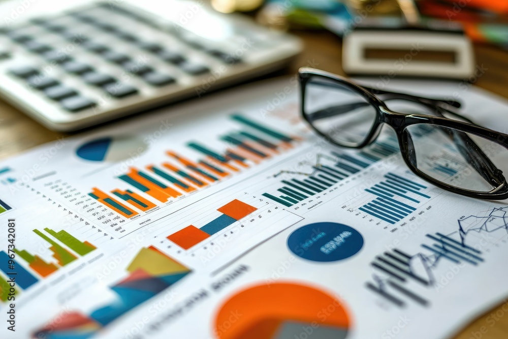 Fototapeta premium Business charts and data analysis tools on a table.
