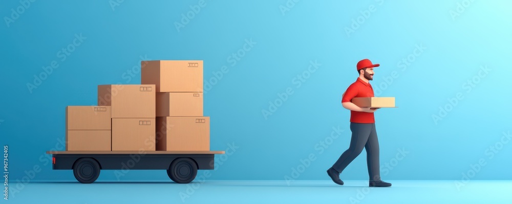 A delivery worker transporting boxes on a cart, showcasing logistics and efficient shipping in a vibrant environment. A delivery worker transporting boxes on a cart, showcasing logistics and efficient shipping in a vibrant environment.