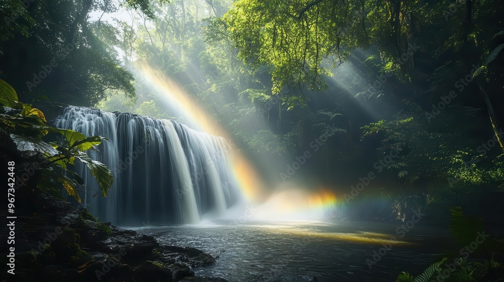 Soft rainbow over a cascading waterfall in a dense forest, sunlight filtering through the mist, capturing a serene and peaceful moment in nature Soft rainbow over a cascading waterfall in a dense forest, sunlight filtering through the mist, capturing a serene and peaceful moment in nature