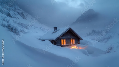 Stormy snow falling over a small mountain cabin, soft candlelight flickers inside, deep snowdrifts piling up outside, tranquil yet powerful winter weather