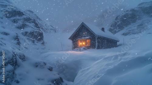 Stormy snow falling over a small mountain cabin, soft candlelight flickers inside, deep snowdrifts piling up outside, tranquil yet powerful winter weather