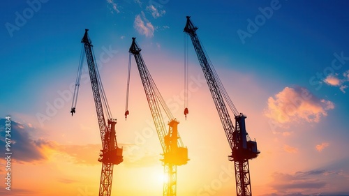 Giant cranes silhouetted against a sunset at a shipping terminal, Shipping infrastructure, global trade hubs photo