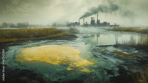 Toxic Waste Dump: A Factory Dumping Chemical Waste into a Contaminated Lake photo