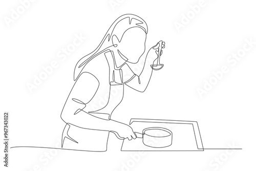 Woman tasting food. Doing house chores concept one-line drawing