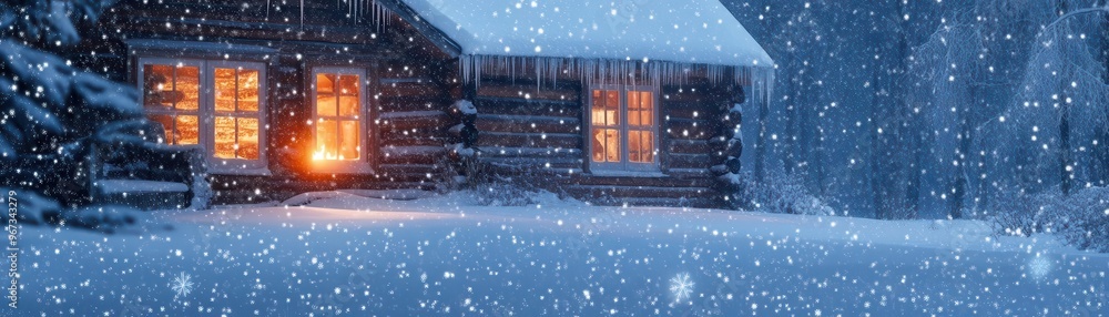 Winter snowstorm surrounding a secluded cabin, warm firelight seen through icy windows, snowflakes drifting in the wind, serene and cozy winter atmosphere Winter snowstorm surrounding a secluded cabin, warm firelight seen through icy windows, snowflakes drifting in the wind, serene and cozy winter atmosphere