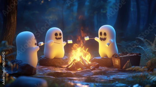 Three ghosts toasting marshmallows over a campfire. photo