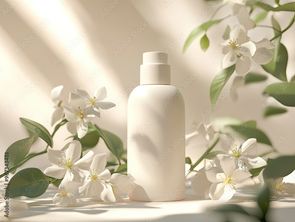 A white bottle of skincare product sits on a table, surrounded by jasmine flowers and leaves. mockup A white bottle of skincare product sits on a table, surrounded by jasmine flowers and leaves. mockup