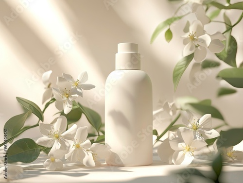 A white bottle of skincare product sits on a table, surrounded by jasmine flowers and leaves. mockup