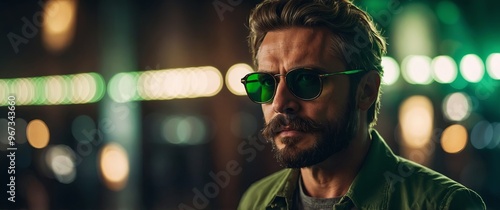 A stylish man with a rugged beard and moustache dons sunglasses with green lights, exuding a cool and confident aura. photo