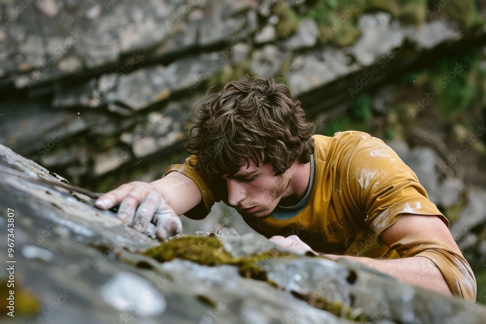 A dedicated rock climber concentrates intensely while scaling a rugged cliff face, highlighting the physical challenge and bravery involved. A dedicated rock climber concentrates intensely while scaling a rugged cliff face, highlighting the physical challenge and bravery involved.
