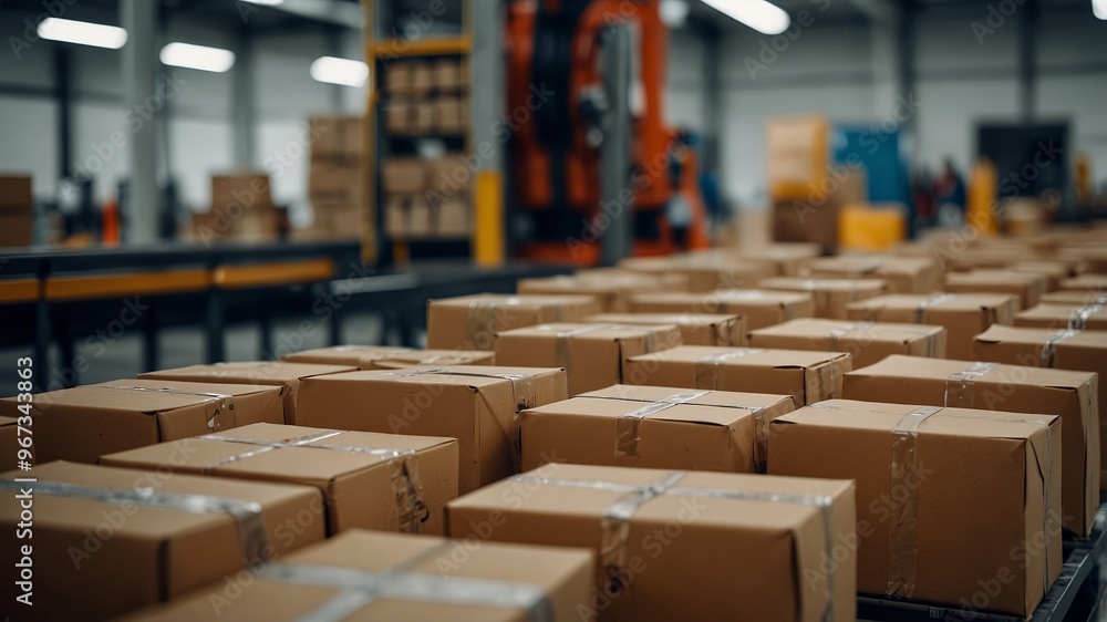 Fototapeta premium packages being sorted by advanced driven machinery, the labels clearly visible and the machinery operating in a smooth, efficient manner.