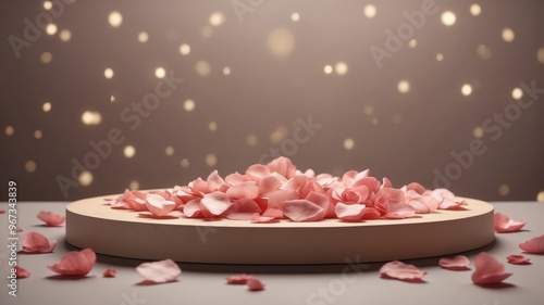 Romantic product podium with rose petals. photo