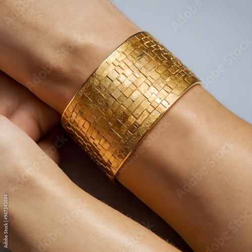 wide gold bracelet on the arm